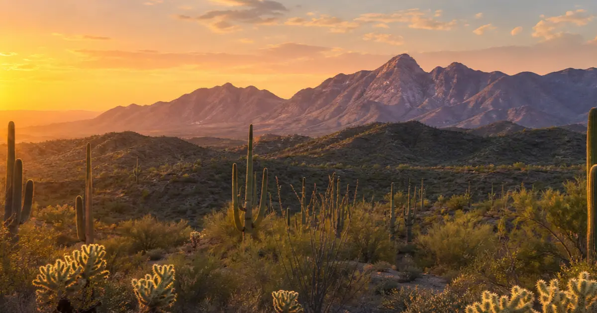 Arizona desert landscape with saguaro cactus at dawn representing opioid treatment access in the state